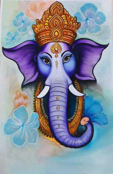 Original Handmade Divine Lord Ganesha Acrylic Painting (ART-18616-122812) - Handpainted Art Painting - 22in X 34in