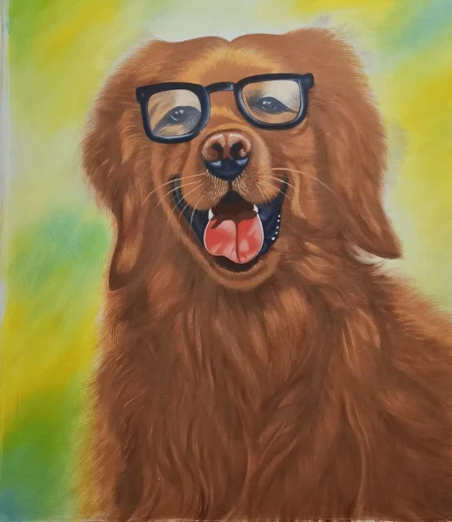 Original Handmade Cute Golden Retriever Dog Acrylic Painting (ART-18616-122811) - Handpainted Art Painting - 30in X 36in