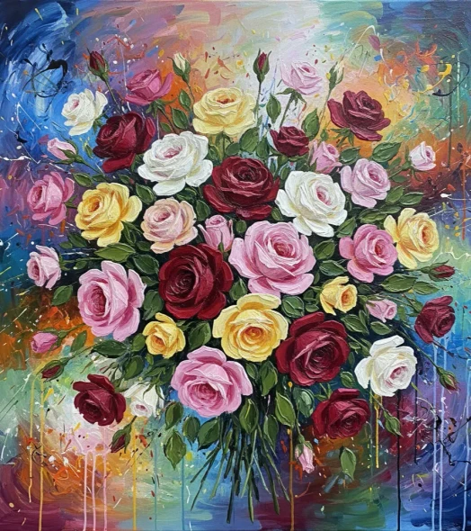 "Abstract Floral Canvas Art: Modern Impasto Rose Painting" (ART-3319-122774) - Handpainted Art Painting - 24in X 24in
