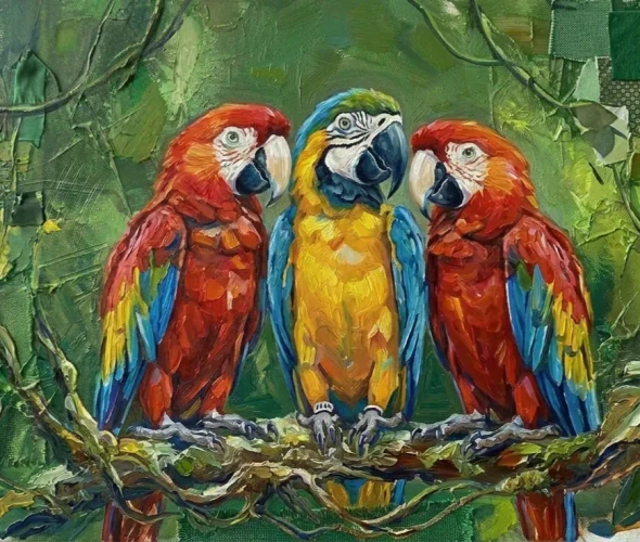 "Macaw Trio Painting:  Textured Tropical Wildlife Art" (ART-3319-122772) - Handpainted Art Painting - 36in X 30in