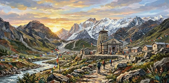 "Kedarnath Temple Landscape: Panoramic Oil-Style Painting" (ART-3319-122767) - Handpainted Art Painting - 60in X 30in