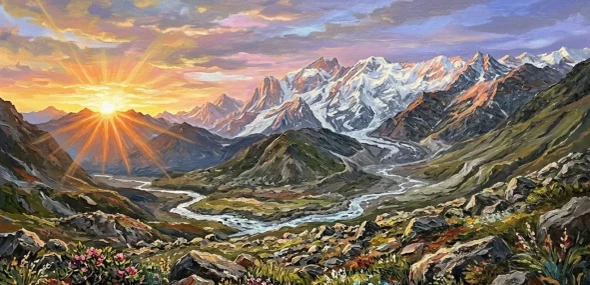 "Large Panoramic Mountain Landscape: Sunrise Over Alpine Valley" (ART-3319-122764) - Handpainted Art Painting - 48in X 24in
