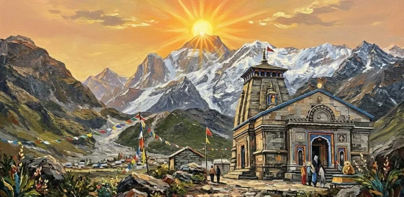 "Kedarnath Temple Landscape: Panoramic Oil-Style Painting" (ART-3319-122766) - Handpainted Art Painting - 48in X 24in