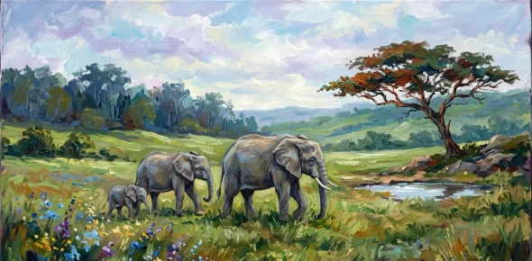 "Journey Together: A Large, Textured Savanna Landscape With Three Elephants" (ART-3319-122762) - Handpainted Art Painting - 48in X 24in