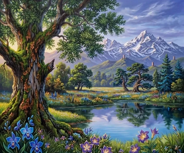 Heaven View Of Mountains Landscape Scenery Painting (ART-3319-122705) - Handpainted Art Painting - 40in X 30in