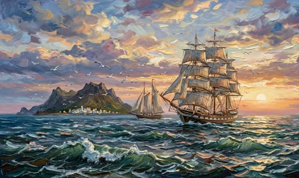 Ocean Seascape Ships Sailing Landscape Painting (ART-3319-122701) - Handpainted Art Painting - 48in X 30in