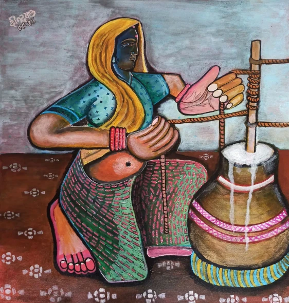 Woman Processing Buttermilk (PRT-17698-122854) - Canvas Art Print - 17in X 18in