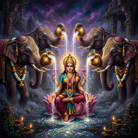 Kamala Ma - The Four Elephants Of Grace | Constant Divine Abundance | Sacred Goddess Digital Art (PRT-8740-122833) - Canvas Art Print - 12in X 12in