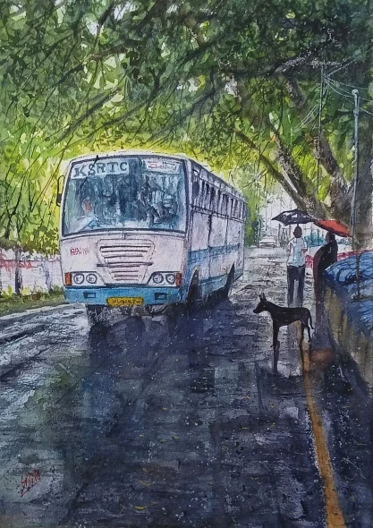 Bus On Rainy Day (ART-7460-122921) - Handpainted Art Painting - 12in X 16in
