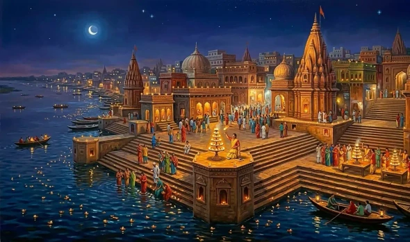 VARANASI GHAT- ​The Ritual Of Lights: Varanasi Oil Painting (ART-3319-122660) - Handpainted Art Painting - 48in X 36in