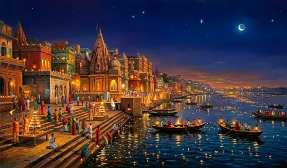 VARANASI GHAT GANGA AARTI ACRYLIC PAINTING (ART-3319-122659) - Handpainted Art Painting - 60in X 36in