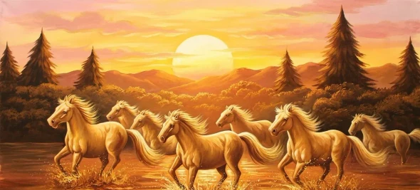 7 Running Horses As Per Vastu (ART-3319-122771) - Handpainted Art Painting - 48in X 24in