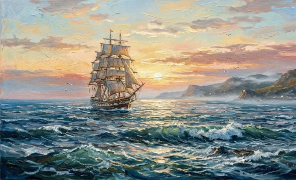 Ocean Sunrise Ships Sailing Landscape Painting (ART-3319-122702) - Handpainted Art Painting - 48in X 30in