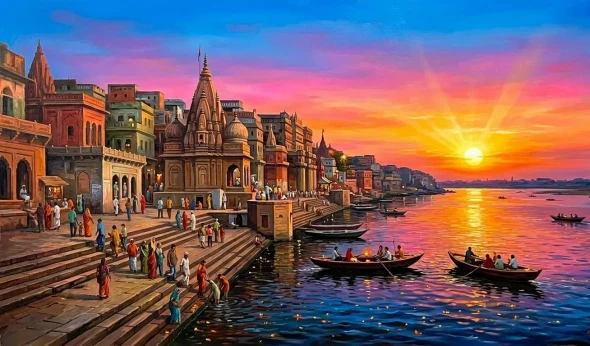 Banaras Ghat Painting (ART-3319-122661) - Handpainted Art Painting - 48in X 30in
