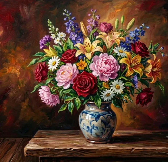Vibrant Floral Still Life Acrylic Painting | Textured Bouquet Canvas Art (ART-3319-122798) - Handpainted Art Painting - 36in X 30in
