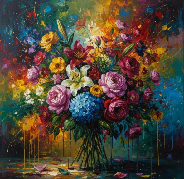 ​"Abstract Floral Oil Painting - Colorful Bouquet With Paint Drips" (ART-3319-119569) - Handpainted Art Painting - 24in X 24in