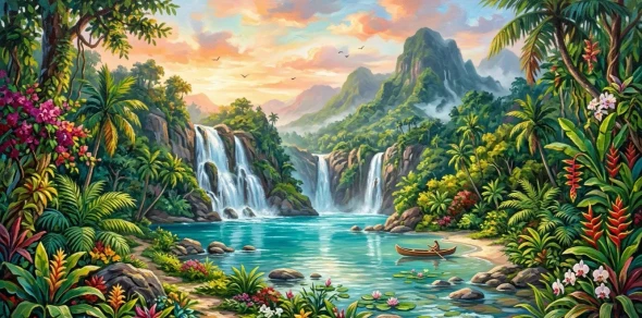 Handmade Style Tropical Landscape Acrylic Painting – Large Waterfall Canvas Art (ART-3319-122818) - Handpainted Art Painting - 48in X 24in