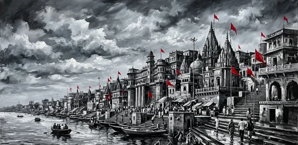 Banaras Ghat Painting (ART-3319-122819) - Handpainted Art Painting - 48in X 24in