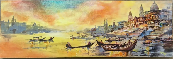 Varanasi Kashi: Ganga Ghat Evening Story (ART-18629-122940) - Handpainted Art Painting - 36in X 12in