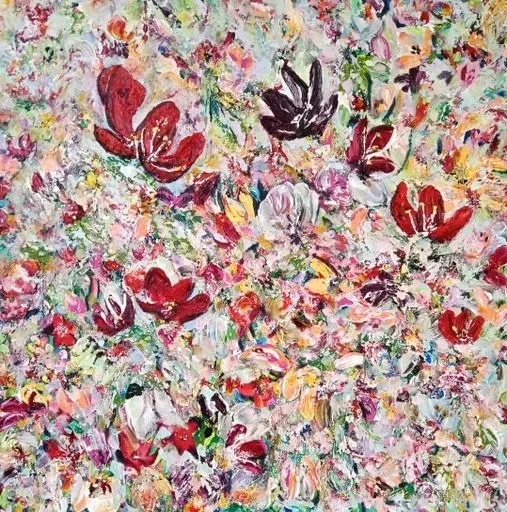 Crimson Bloom Symphony Contemporary Floral Abstract (ART-8034-122939) - Handpainted Art Painting - 16in X 16in