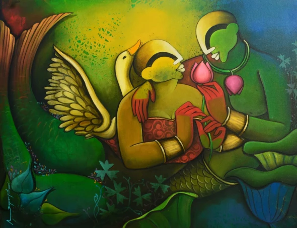 Under Water Romance (ART-6351-122937) - Handpainted Art Painting - 47in X 36in