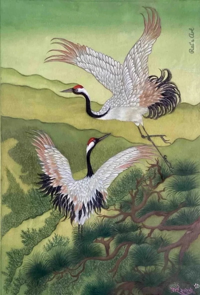 Dancing Cranes (ART-8729-122922) - Handpainted Art Painting - 12in X 16in