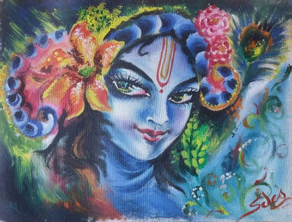 Sri Krishna (ART-18629-122942) - Handpainted Art Painting - 16in X 12in