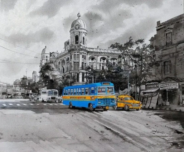 Kolkata (ART-8302-122976) - Handpainted Art Painting - 24in X 20in
