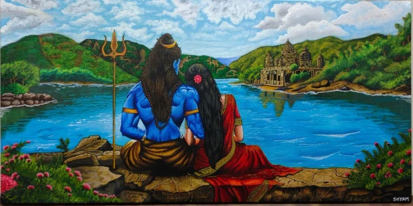 Shiv Shakti : The Eternal Bond (ART-17635-122965) - Handpainted Art Painting - 36in X 18in