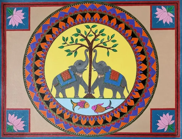 Madhubani And Mandala (ART-17697-122954) - Handpainted Art Painting - 32in X 24in