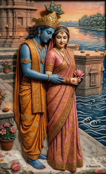 Eternal Devotion By The Banks Of Yamuna (PRT-18374-122907) - Canvas Art Print - 22in X 36in