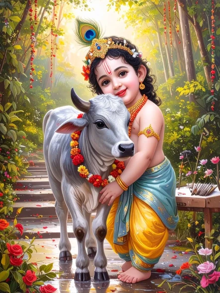 The Divine Embrace – Baby Krishna With Sacred Calf (PRT-17594-123006) - Canvas Art Print - 27in X 36in