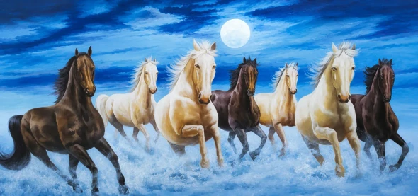 7 Running Horses As Per Vastu (ART-3319-123004) - Handpainted Art Painting - 48in X 30in