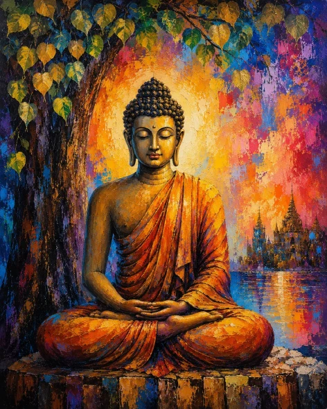Meditating Buddha Under Bodhi Tree – Abstract Textured Acrylic Painting (ART-3319-122992) - Handpainted Art Painting - 30in X 40in