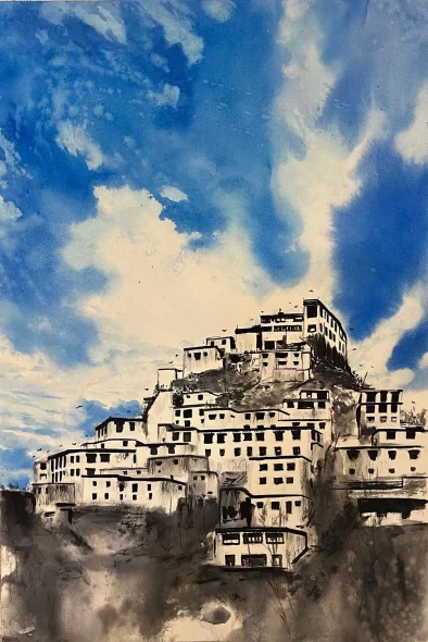 Key Monestory Spiti (ART-438-123003) - Handpainted Art Painting - 16in X 23in