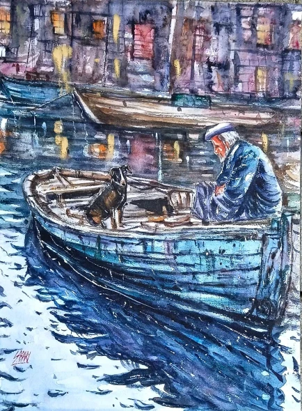 Old Man And Sea (ART-7460-122998) - Handpainted Art Painting - 11in X 15in