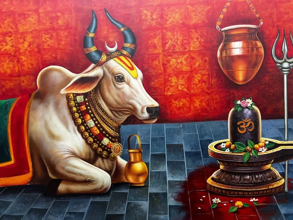 Nandi Ji Painting (ART-6706-123012) - Handpainted Art Painting - 48in X 36in