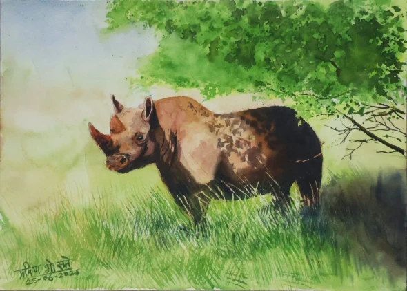 African Rhino (ART-16102-123215) - Handpainted Art Painting - 12in X 8in