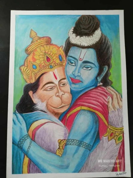 Lord Ram And Hanuman Ji Painting (ART-18198-123211) - Handpainted Art Painting - 8in X 11in