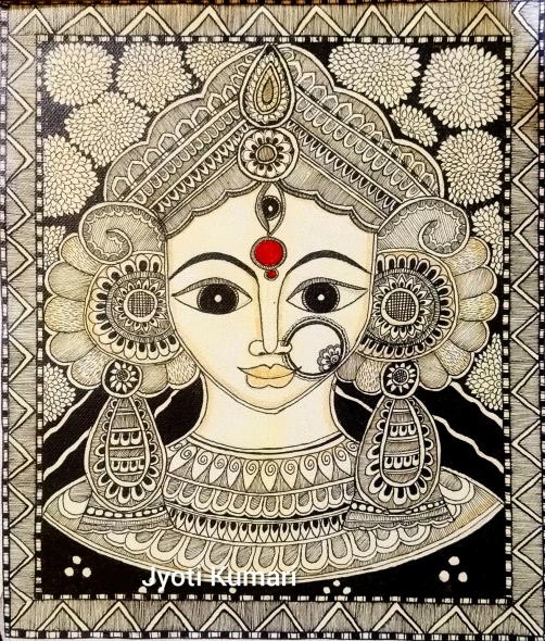 Maa Durga Madhubani Painting/Handmade Traditional Mithila Art (ART-18655-123210) - Handpainted Art Painting - 10in X 12in