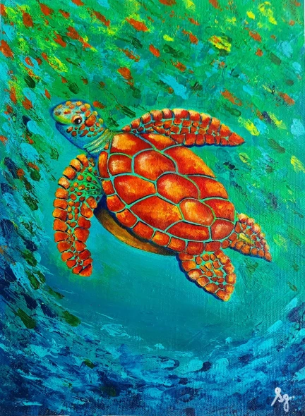 Aquatic Life: TURTLE (ART-8835-123200) - Handpainted Art Painting - 8in X 11in