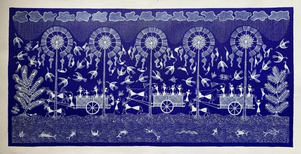 Journey Through The Sacred Grove – A Warli Celebration (ART-7213-123196) - Handpainted Art Painting - 24in X 12in