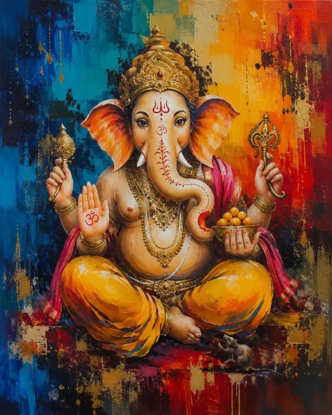 Divine Prosperity – Handmade Lord Ganesha Canvas Painting (ART-3319-123190) - Handpainted Art Painting - 24in X 36in
