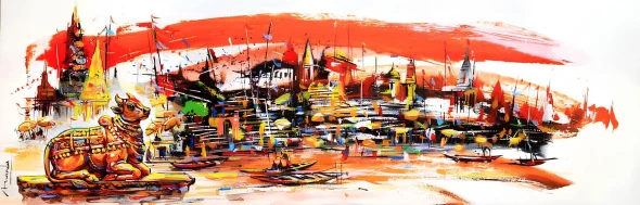 NANDI AT KALEIDOSCOPIC VARANASI (ART-7456-123186) - Handpainted Art Painting - 36in X 12in