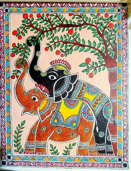 Madhubani Elephant Painting/Traditional Mithila Art (ART-18655-123233) - Handpainted Art Painting - 14in X 18in