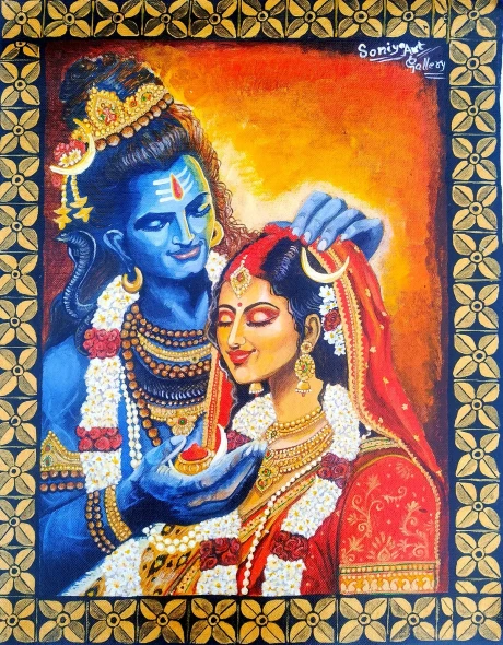 Shiv Parvati Vivah Handmade Painting (ART-18655-123207) - Handpainted Art Painting - 14in X 18in