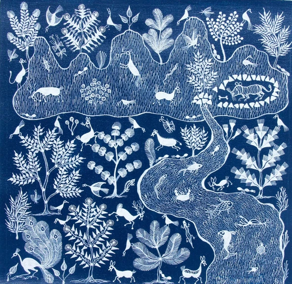 Whispers Of The Sacred Forest - A Warli Symphony Of Life (ART-7213-123193) - Handpainted Art Painting - 12in X 12in