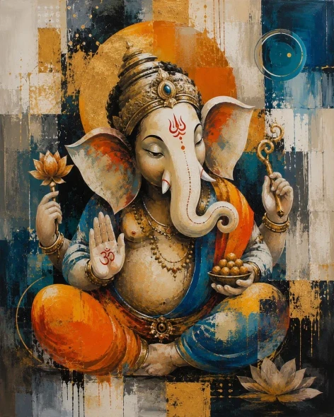Divine Grace – Handmade Abstract Lord Ganesha Canvas Painting (ART-3319-123189) - Handpainted Art Painting - 30in X 40in