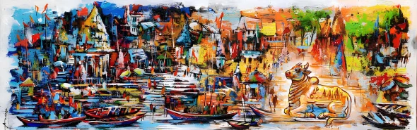 Echoes Of Kashi: Cosmic Aarti And The Golden Dawn Of Abundance (ART-7456-123185) - Handpainted Art Painting - 36in X 12in
