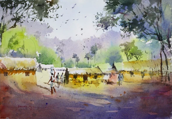 The Village Crossing (ART-5774-123161) - Handpainted Art Painting - 14in X 10in